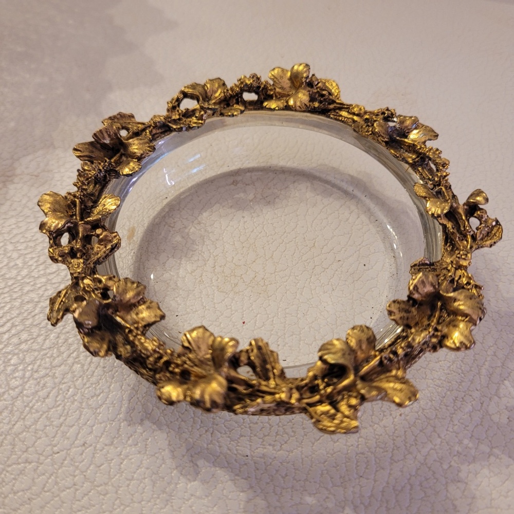 Vintage Gresco Gold Gilt Hibiscus Flower Glass Jewelry Trinket Dish